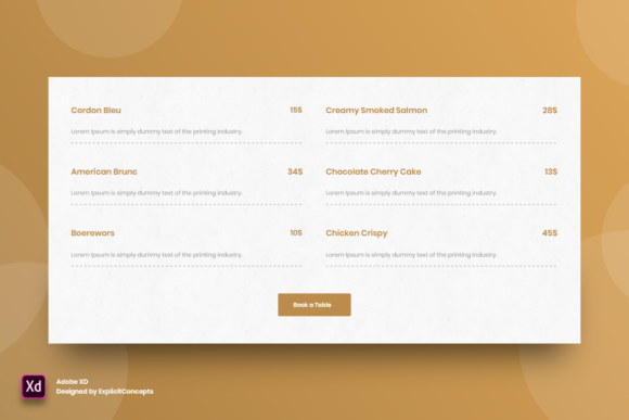 Food Pricing Table Design in Adobe XD